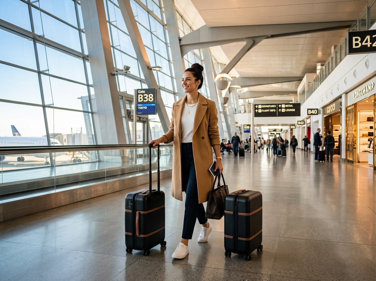 Confident traveler at international airport terminal